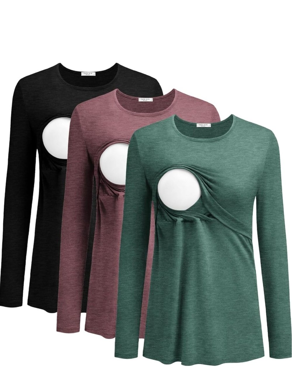 Long Sleeve Set Of 3 Nursing Maternity Tops - Heathered Green, Mauve, Black